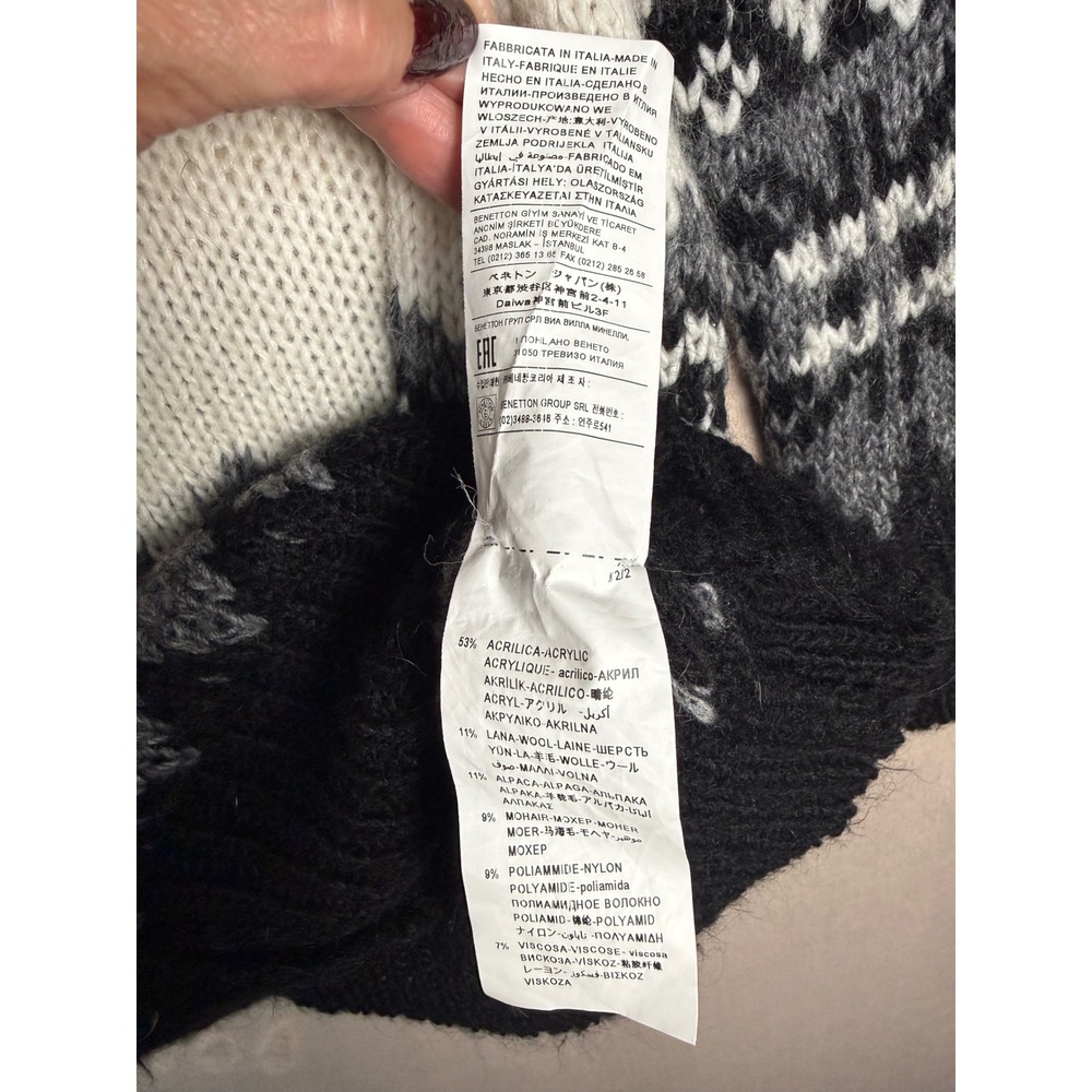 United Colors of Benetton Fair Isle Cardigan Women L Black White Alpaca Mohair - Picture 7 of 10